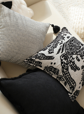 现代黑白色系抱枕中古轻奢虎纹靠垫设计师民宿样板间流苏靠垫枕套