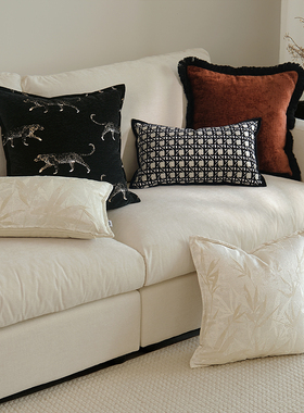 现代新中式竹叶靠枕客厅沙发轻奢高级感抱枕样板间复古感豹纹腰枕