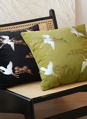 新中式复古绿色系抱枕刺绣飞鹤高档靠枕客厅沙发靠垫民宿抱枕组合