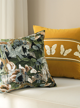 法式中古绿色莫奈森林抽象高端新中式客厅沙发靠垫抱枕套靠枕套