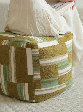 中古风绿色系色块方形蒲团坐墩客厅地板脚踏可拆洗布艺换鞋凳