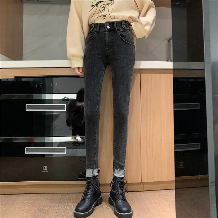 Real photo real price new black high waisted raw edge jeans elastic fit slim cropped Leggings