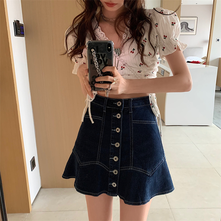 Real price ~ new sweet spicy high waist A-line bag hip Ruffle denim fishtail skirt