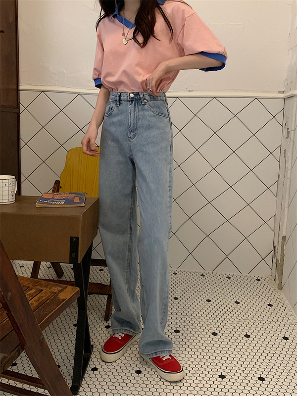 Real price ~ A and SA! Lazy straight tube simple versatile light blue high waist slim wide leg floor dragging jeans