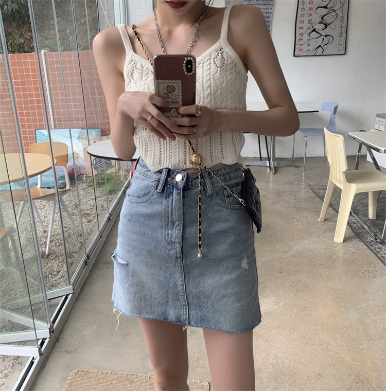 Real price ~ new high waist design shows thin irregular hole split denim skirt