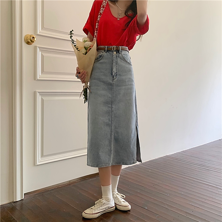 Real price ~ new high waist slim retro versatile blue denim split skirt