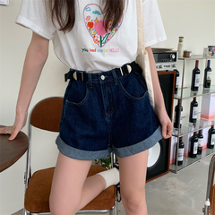 Real price ~ sense of design! Adjustable waist design dark blue loose Wide Leg Denim Shorts