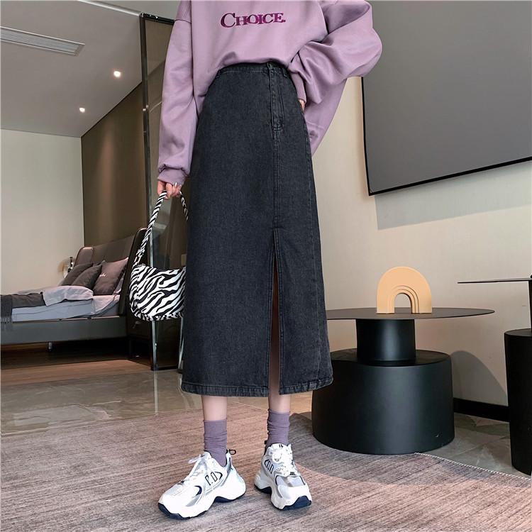 Real price ~ super thin! Unique design high waist tube split denim skirt Retro Mid length A-line skirt