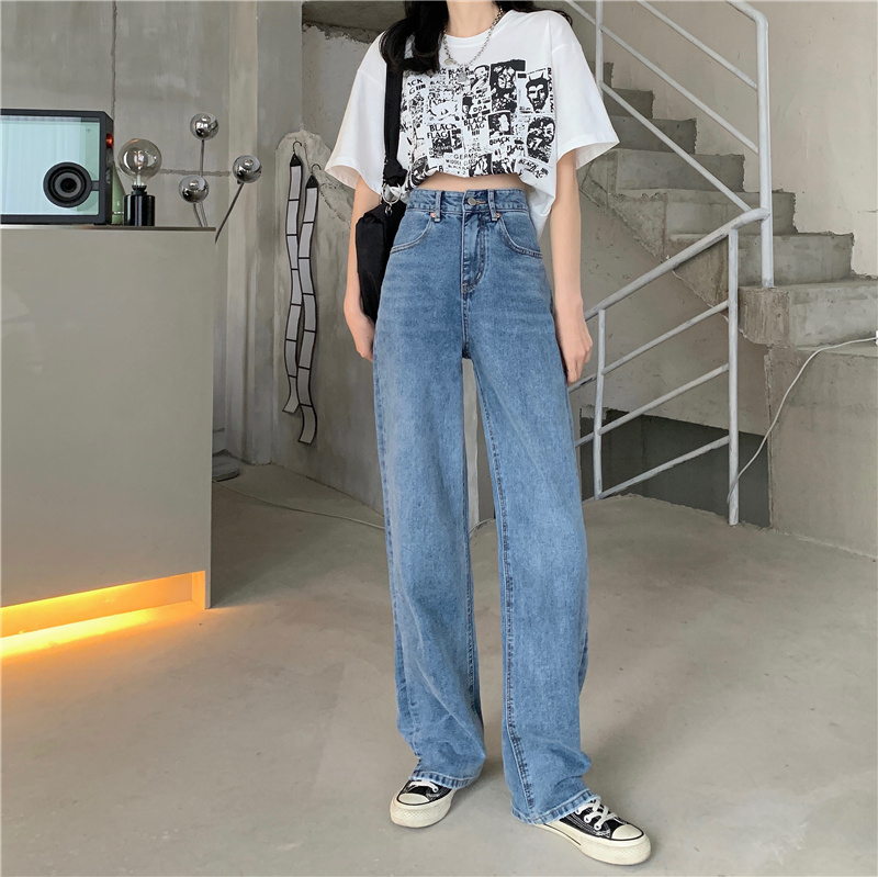 Real shot real price ~ Korean version loose and thin split High Waist Wide Leg light blue jeans