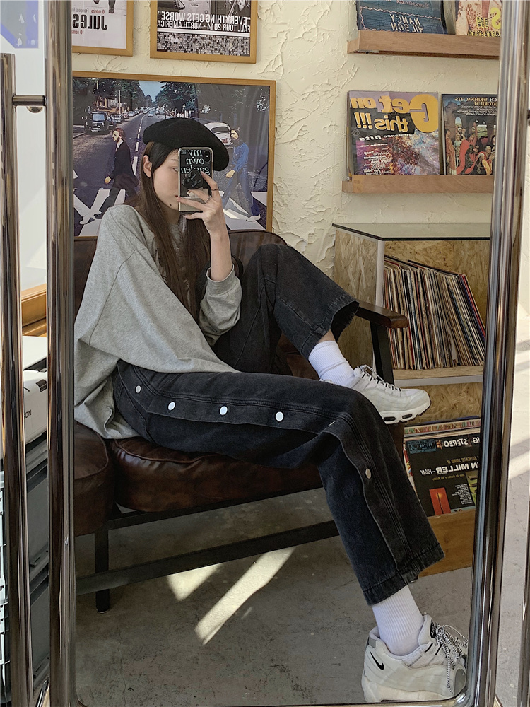 Real price ~ new side button design High Waist Wide Leg loose straight jeans pants