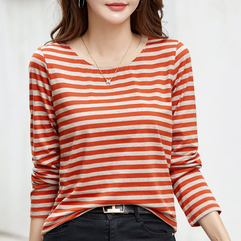 长袖t恤女春秋新款2026年大码宽松遮肚子条纹洋气内搭打底衫上衣