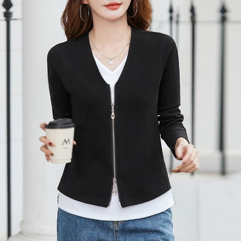 假两件V领长袖t恤女2026春秋新款纯棉韩版修身洋气内搭打底衫上衣