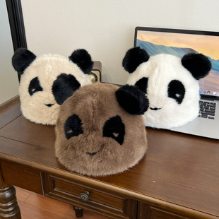 水貂毛绒帽子女冬韩版可爱加厚保暖时尚洋气笑脸熊猫仿皮草套头帽