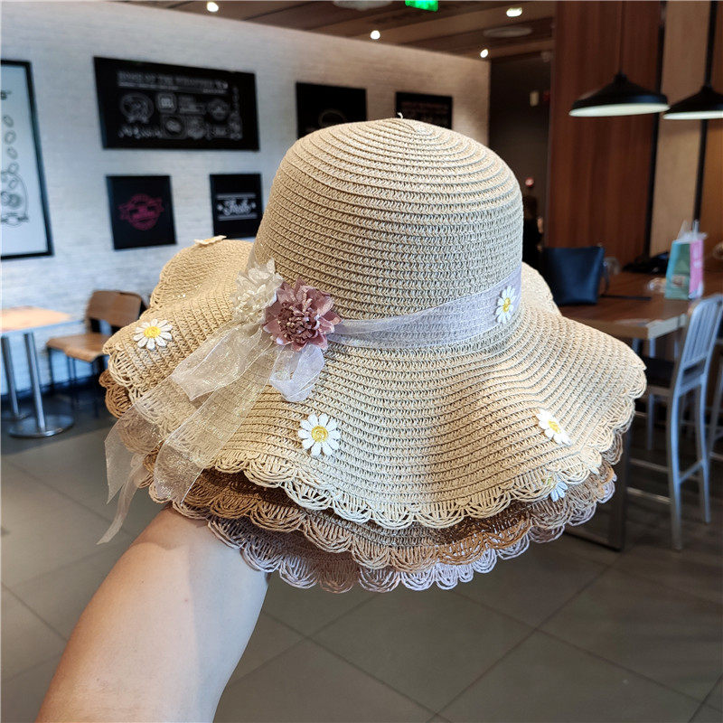 海边沙滩遮阳凉草帽女防晒儿童大帽檐遮脸蝴蝶结亲子显脸小渔夫帽