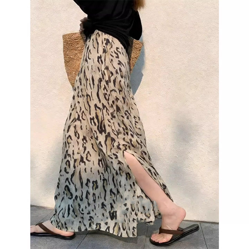 绝美巨好看的裙子海边度假高腰显瘦豹纹印花开叉a字半身裙女春季