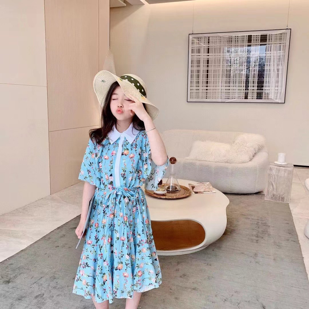 女童连衣裙2024夏季洋气碎花裙子中大童短袖公主裙浪漫花园雪纺裙