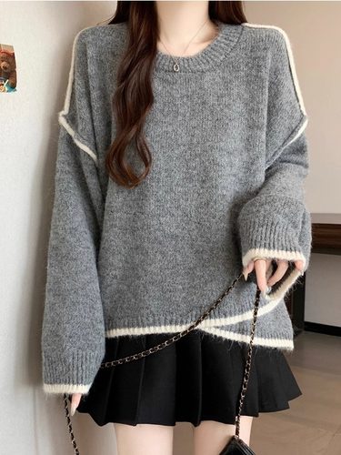 宽松慵懒风撞色灰色长袖毛衣大码女装秋冬2025新款遮肉针织衫上衣