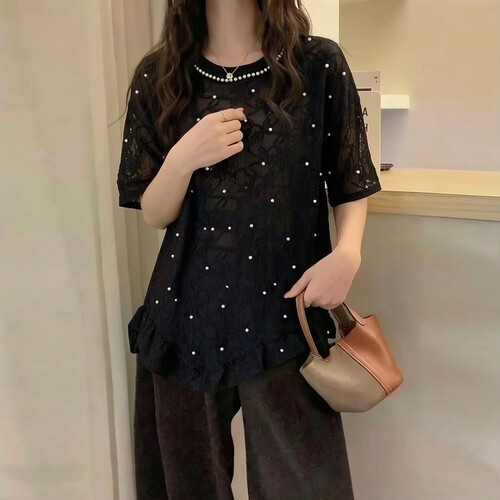 火欧货钉珠蕾丝黑色短袖T恤夏季新款大尺码女装胖宽松遮肚上0709r