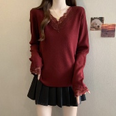 胖打底衫 韩系蕾丝拼接V领红色针织衫 0130h 大尺码 女装 2026新款 春季