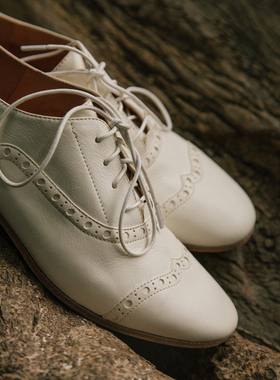 Orange Pudding|复古日系森女小众圆头低跟手工系带古着小白鞋J11