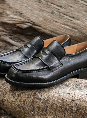 Orange Pudding|日系圆头中跟真皮基础黑色JK乐福鞋手工小皮鞋J40