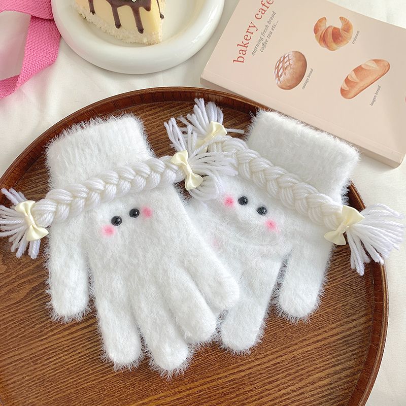 学生分指手套可爱辫子毛绒小狗保暖手套女情防寒手套侣秋冬季手套