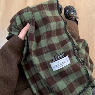 复古格子围巾女士2024新款冬季加厚韩版学生披肩两用保暖围脖绿色