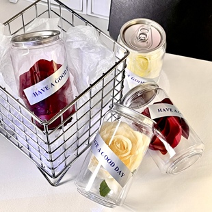 冰封玫瑰鲜花朵透明易拉罐桌面装饰摆件仪式感礼品纪念日装饰品束