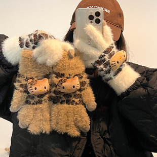 卡通黑皮kitty豹纹手套秋冬保暖可触屏豹纹加厚针织分指毛线手套