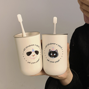 原创卡通儿童刷牙杯一家三口轻奢牙杯情侣一对卫生间不锈钢漱口杯