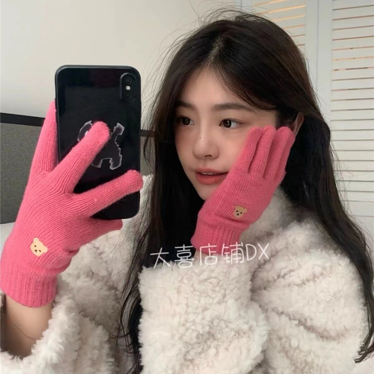 新款秋冬季可爱小熊韩版毛线加厚针织分指五指手套骑行保暖手套女