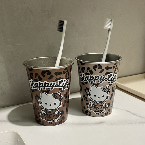 美拉德KT不锈钢漱口杯复古豹纹可爱卡通情侣家用防摔洗漱杯水杯
