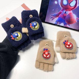 蜘蛛侠儿童半指手套毛线针织五指翻盖男女孩漏指写字冬季 加厚保暖