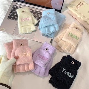 保暖防寒学生写字半指翻盖手套韩版 女生可爱露指毛线加绒 手套冬季