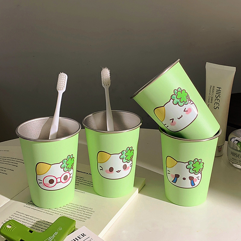 四叶草表情小猫不锈钢卡通高颜值情侣可爱304简约漱口杯刷牙杯