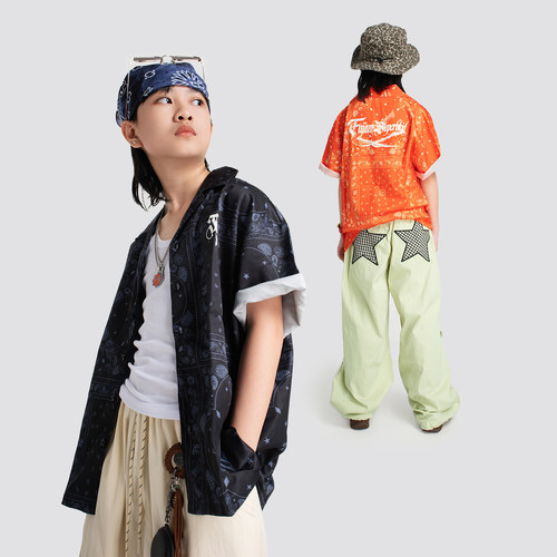 FUJAM潮牌童装美式高街腰果花衬衫少儿街舞服装hiphop帅气演出服