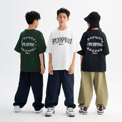 FUJAM国潮牌童装少儿街舞演出服美式印花短袖套装hiphop跳舞衣服
