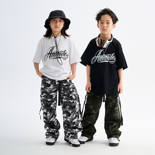 FUJAM童装街舞潮服态度印花纯棉白色T恤儿童演出服hiphop街舞童装