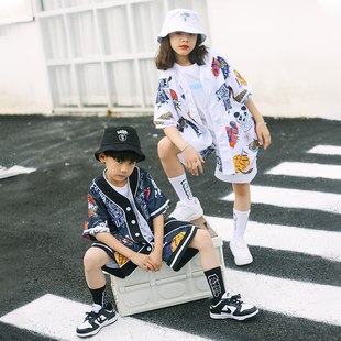 服酱嘻哈潮牌少儿街舞套装男童棒球短袖短裤hiphop女孩舞蹈演出服