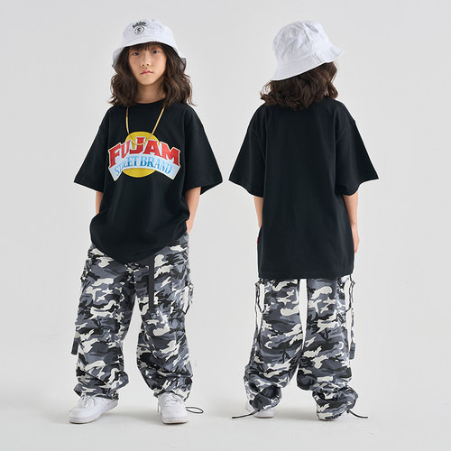 服酱儿童夏季嘻哈街舞宽松短袖hiphop迷彩工装裤少儿潮服演出套装