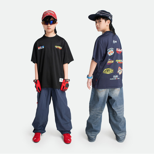 FUJAM儿童街舞潮牌赛车风格速干t恤美式复古嘻哈潮流宽松薄款短袖