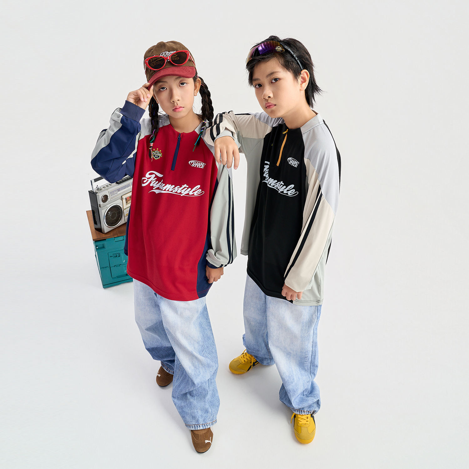FUJAM儿童街舞潮牌复古运动风潮流长袖T恤少儿hiphop演出服装