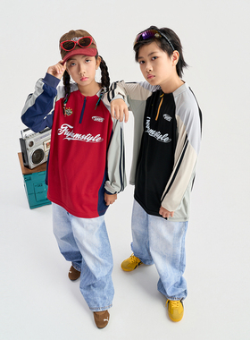 FUJAM儿童街舞潮牌复古运动风潮流长袖T恤少儿hiphop演出服装