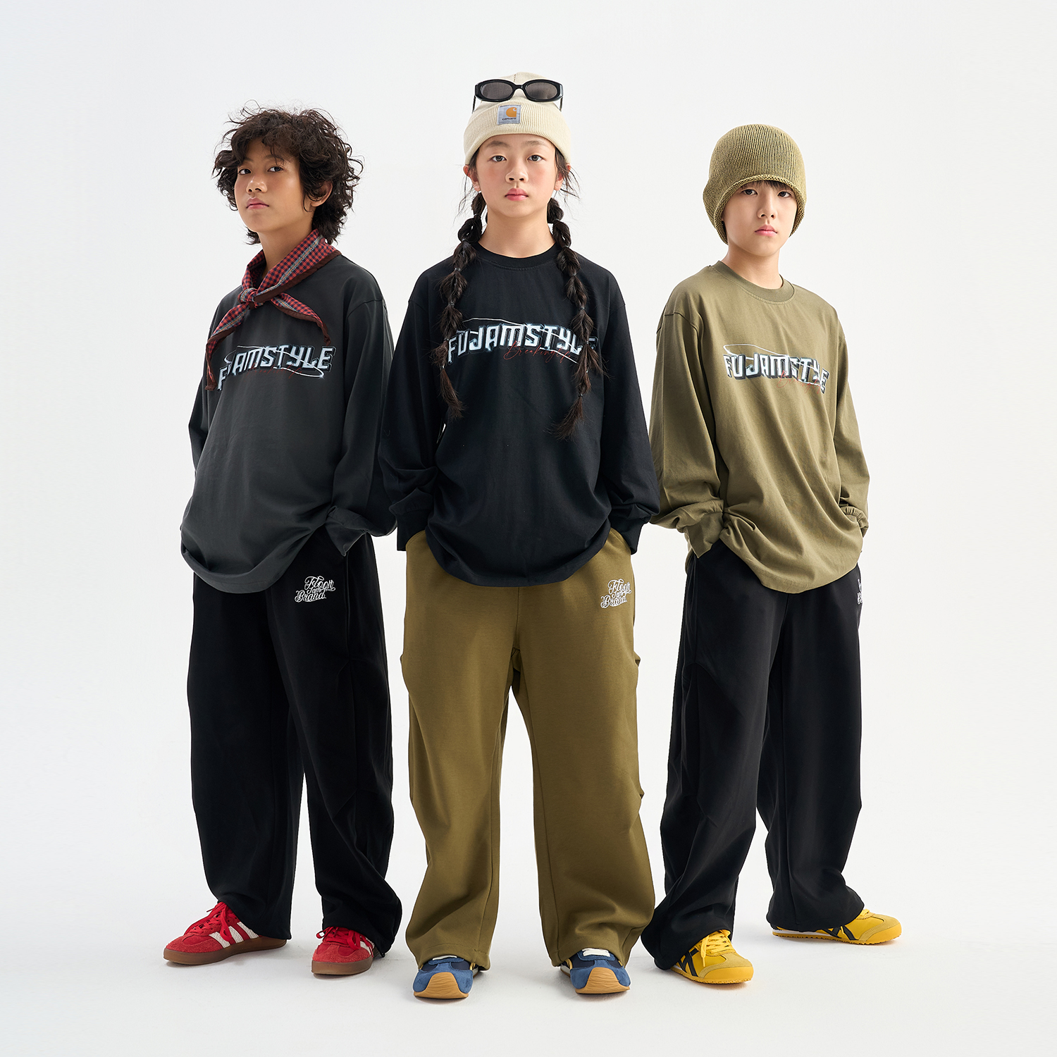 FUJAM儿童街舞潮牌美式字母印花圆领长袖T恤少儿hiphop帅气演出服