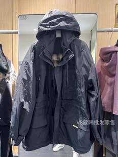 欧货bobo1972连帽外套女中长宽松显瘦秋冬加薄棉冲锋衣休闲风衣