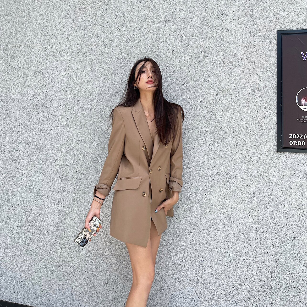 bacchus online 欧美宽松时髦翻领通勤双排扣修身吸烟装西装外套