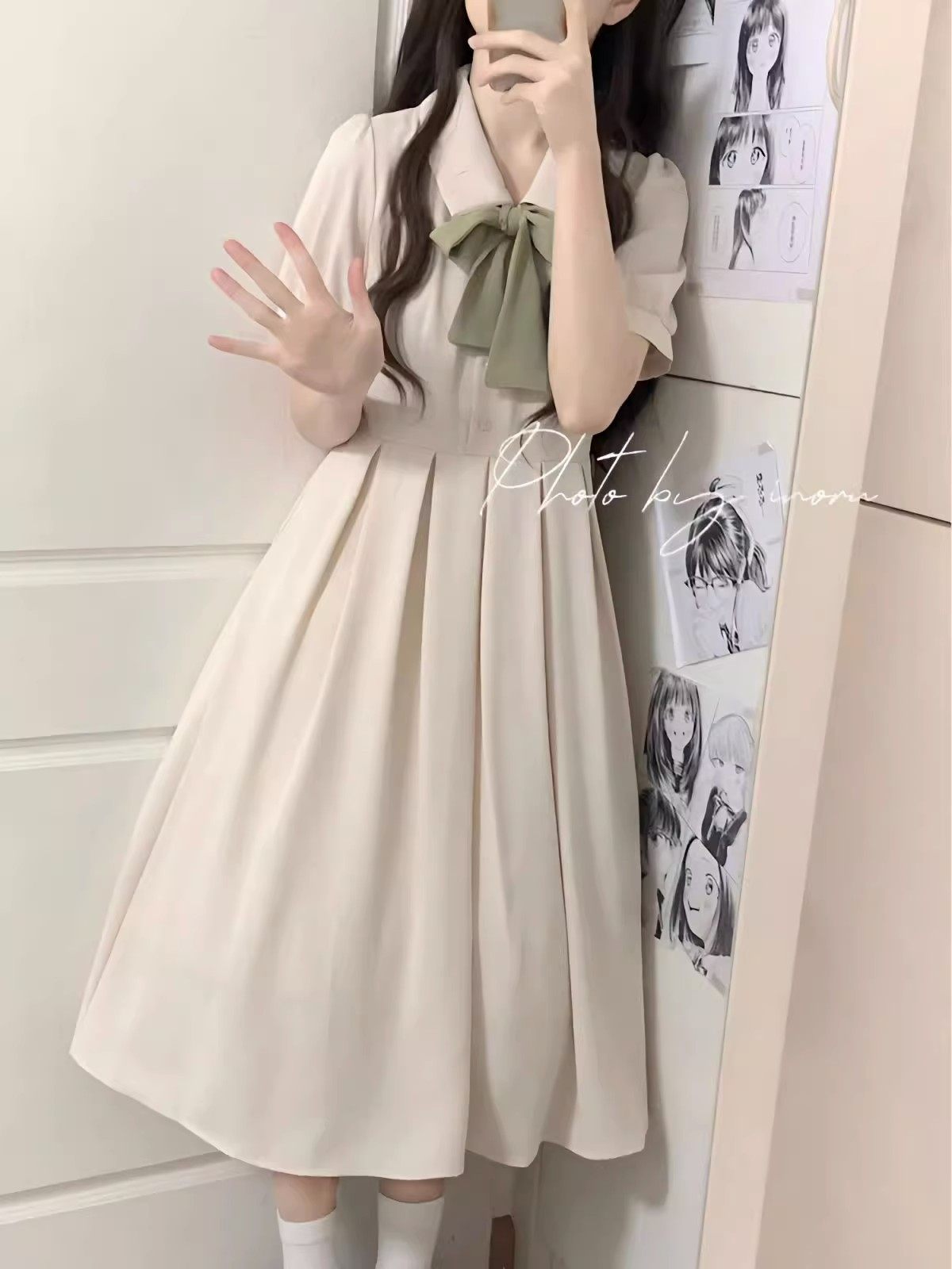 小个子连衣裙2025年夏季新款温柔学院风甜美蝴蝶结高腰显瘦中长款