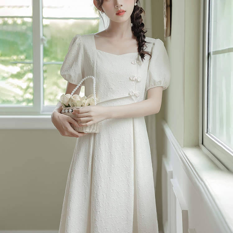 新中式国风盘扣泡泡袖温柔气质连