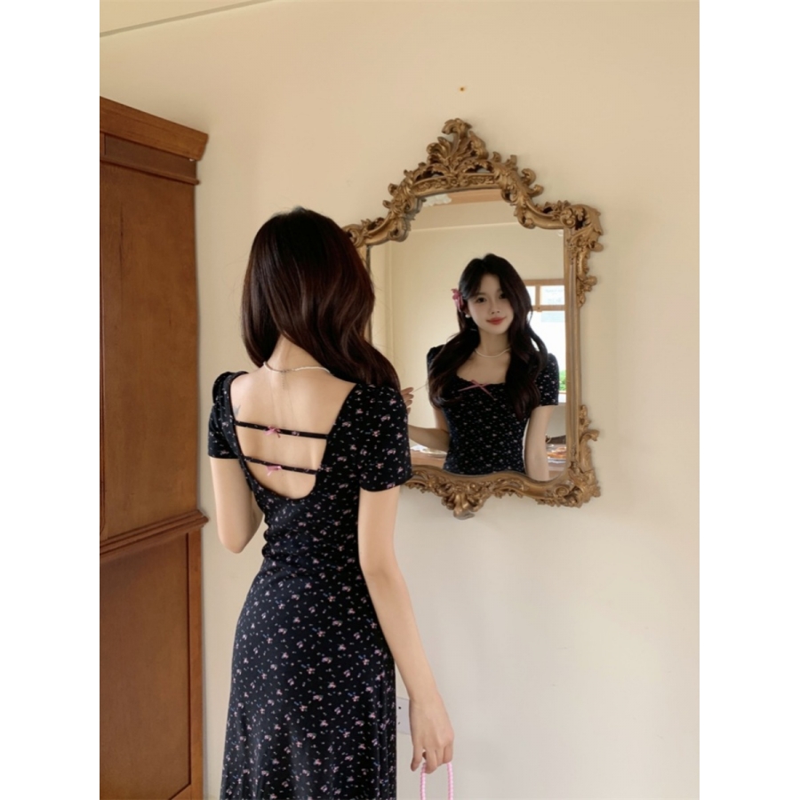 大码女装法式黑色收腰碎花短袖连