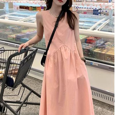 大码胖mm宽松小个子粉色无袖吊带连衣裙子女装夏季小众设计感长裙
